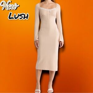 New Lush Bow Detail Long Sleeve Rib Midi Dress Mocha